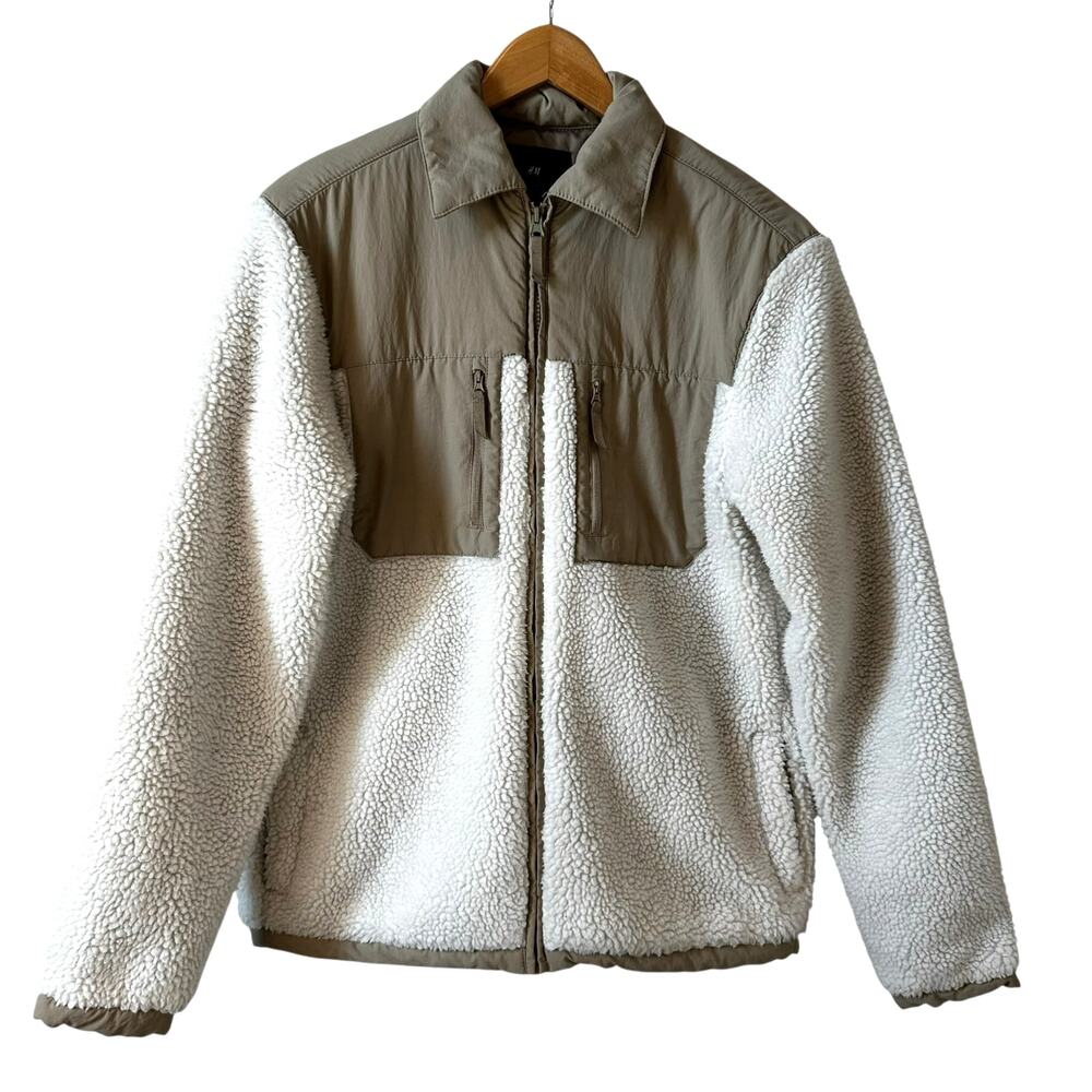 Y2K H&M Men’s Sherpa Fleece Jacket Regular Fit Cream Brown Size Small Gorpcore